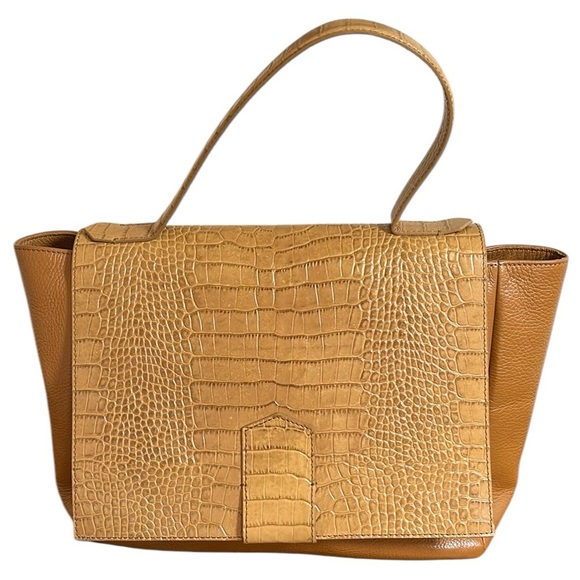 Iacucci Croc Embossed Textured Honey/Tan Leather Flap Satchel Top Handle‎ Bag - Picture 1 of 16